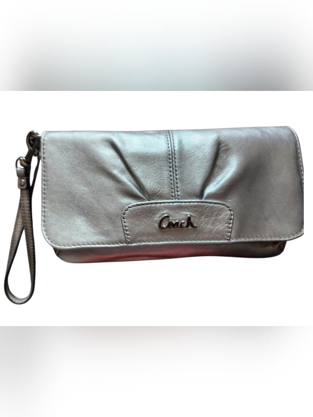 Coach EUC Ashley Collection Metallic Silver Leather Clutch/Wristlet